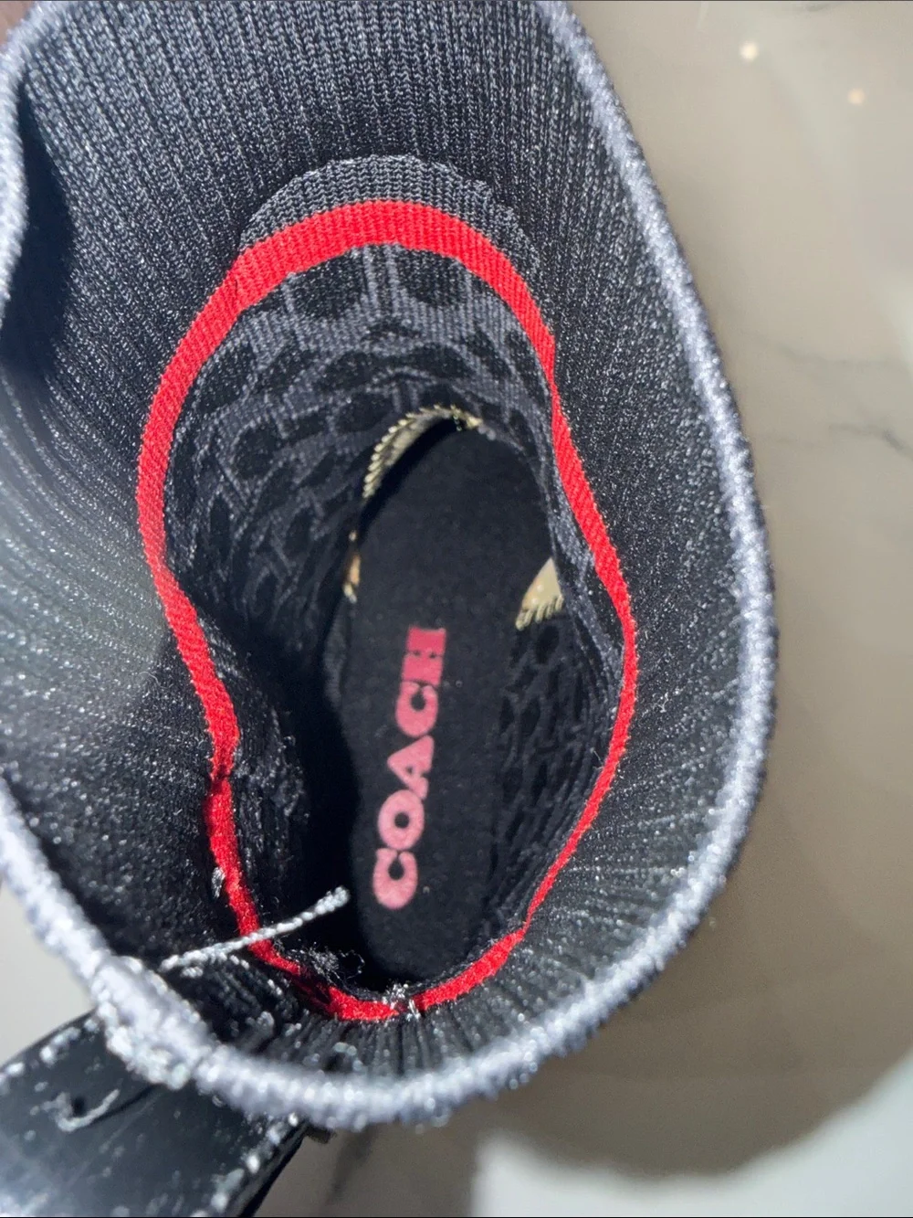 NWOT Coach Rivington Rubber Rain Boots Black Red Knit Logo Trim Size 7